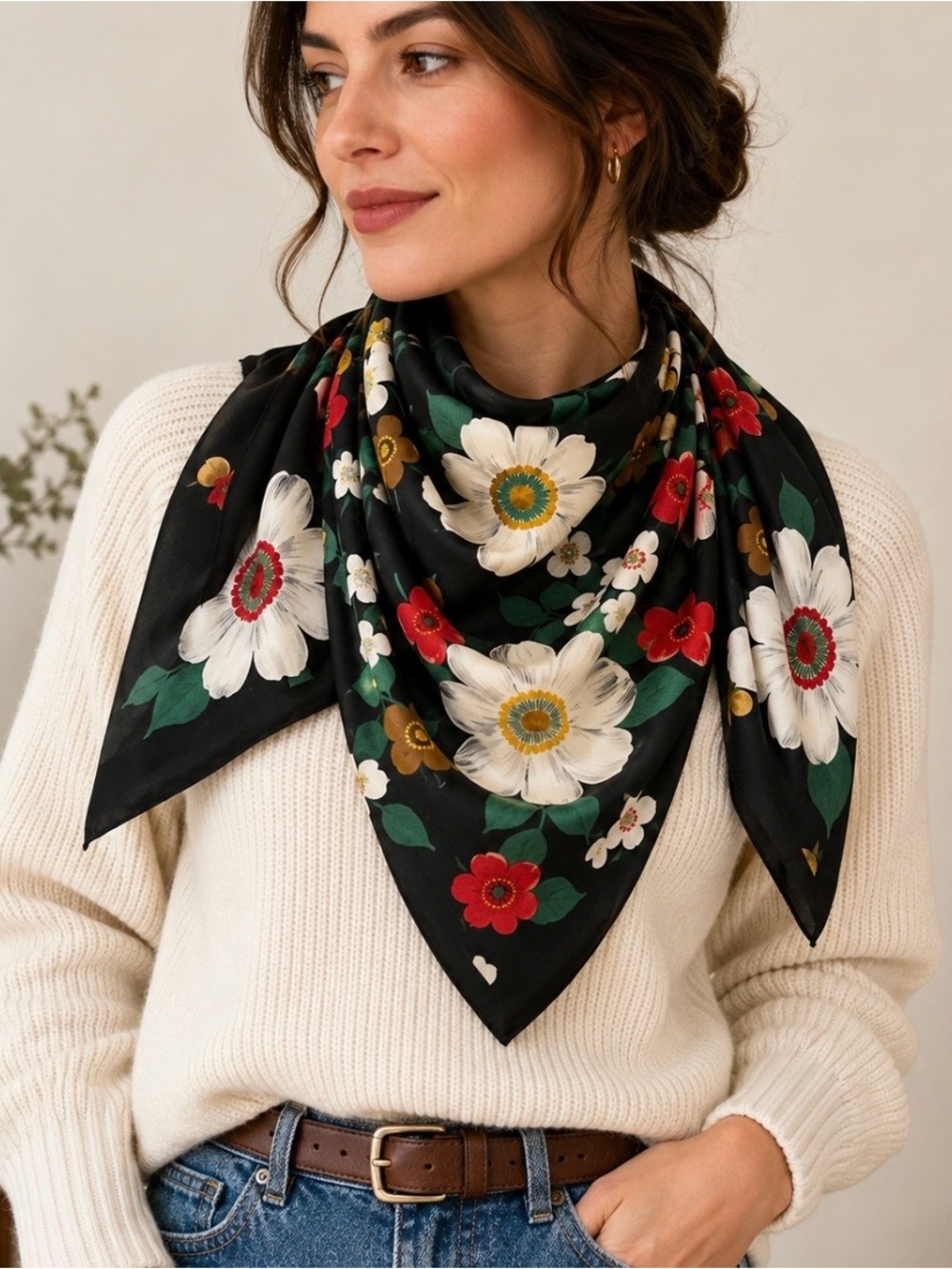 Sacha Floral Square Scarf Black White Red Green Vintage Polyester Made in Korea